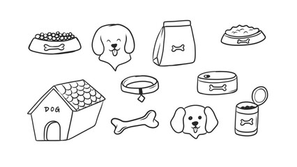 Collection of Hand-Drawn Pet Icons: Dog, Dog Food, Bowls, and Accessories
