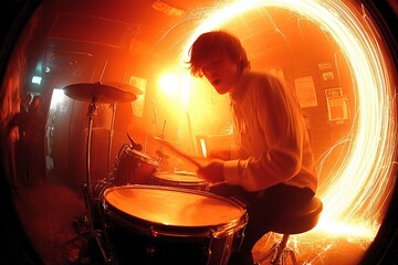 Drummer in Intense Performance with Fiery Stage Lighting