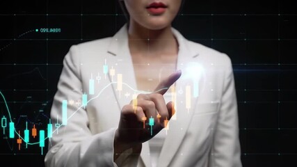 Businesswoman in a white suit stands confidently against a dark background Stock market charts display fluctuating trends financial analysis economic insights visible - Powered by Adobe