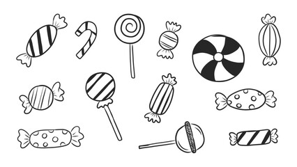 Extensive Collection of Hand-Drawn Wrapped Candies and Striped Lollipops