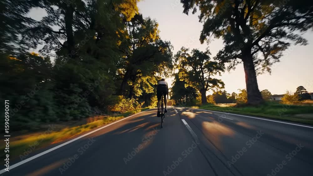Poster A dynamic video captures a cyclist from a low rear angle, racing down a tree-lined road at sunset, emphasizing speed and motion in a serene setting.
