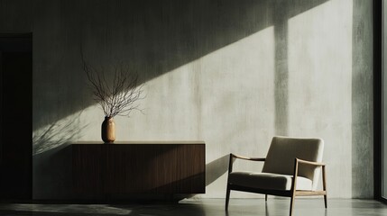 Minimalist Interior Design: Modern Living Room With Natural Light, Armchair And Decorative Vase