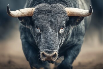 Bull's Stare: A Black Bull with Horns Facing the Camera