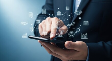 Photo of a businessman interacts with a smartphone displaying business and technology icons, representing digital marketing, finance, and data analysis