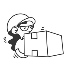 cute female package courier holding package in cartoon doodle