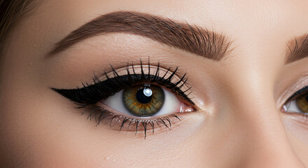 Obraz premium Close-up of eyes with fine eyeliner, voluminous lashes, and well-groomed eyebrows