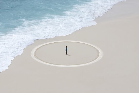 A person stands safely inside a circle drawn in the sand on a beach. This image symbolizes setting boundaries, personal space, and self-protection. Ideal for self-help, coaching, and therapy resources