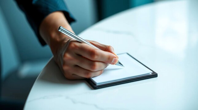 Close-up image of a waiter's hand writing an order on a notepad, with a clean and minimalist background.