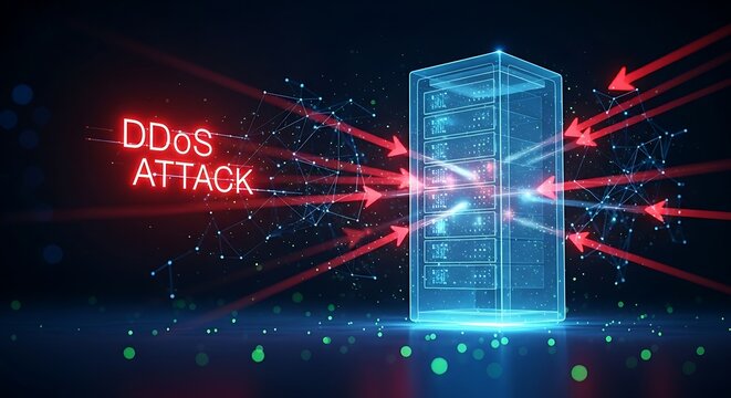 DDoS (Distributed Denial-of-Service) attack concept. A holographic server is bombarded by red arrows, with a "DDoS ATTACK" warning flashing.