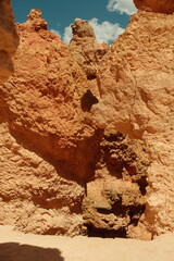 Giant rock spire and natural red rock hoodoos in Navajo Trail and combination loop at Bryce Canyon...
