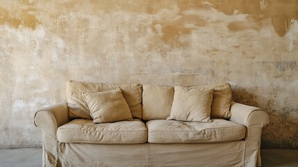 Beige Sofa Against Rustic Wall, Minimalist Interior Design