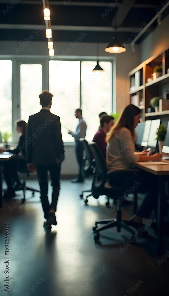 Poster generative ai depicts a busy open-plan office environment with employees working in a modern