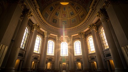 Fototapeta premium Sunlight Streaming Through Stained Glass Windows in Grand Cathedral Interior