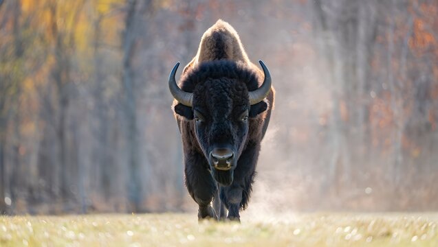Majestic American Bison Walking Towards Camera in Meadow