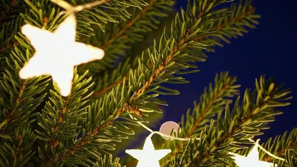 Twinkling star lights adorning festive pine branches in nighttime holiday scene - Powered by Adobe