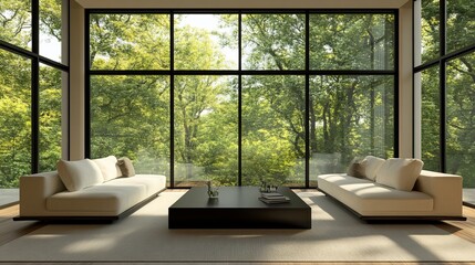 Modern Living Room Interior With Forest View, Home Design
