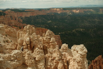 Giant rock spire and natural red rock hoodoos in Navajo Trail and combination loop at Bryce Canyon...