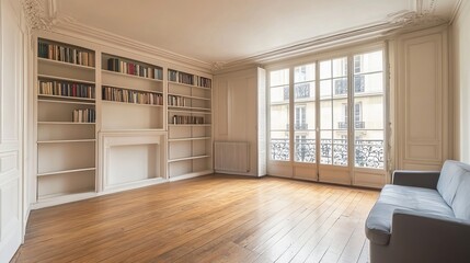 Parisian Apartment Interior, Bookshelf And Window View