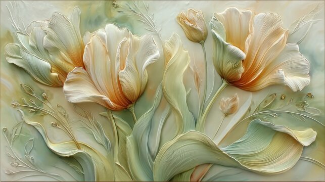 Delicate floral design with textured blossoms and leaves.