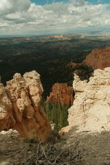 Giant rock spire and natural red rock hoodoos in Navajo Trail and combination loop at Bryce Canyon...
