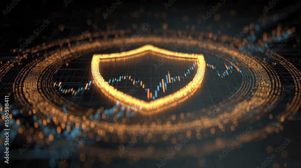 Poster digital fortress: a captivating visual representation of financial security. a glowing shield encaps