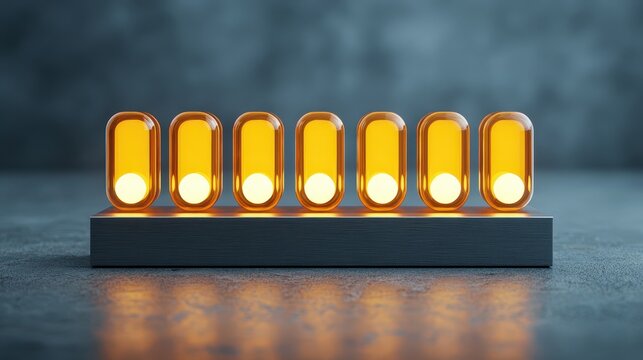 Seven illuminated amber LED lights arranged in a row on a black rectangular base against a blurred blue-gray background.