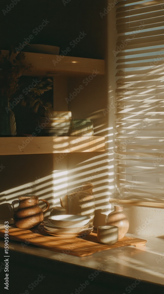 Aufkleber still life of pottery on a counter with sunlight streaming through window blinds casting shadows ind