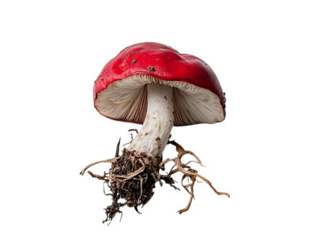 A vibrant red mushroom with a white stem and roots, showcasing intricate textures and earthy tones.