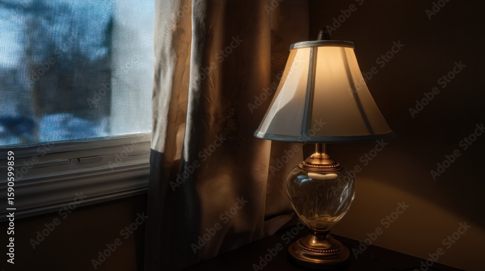 Poster a bedside lamp illuminates a room with a window and curtains casting soft light and shadows around i