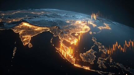 Global Economic Pulse: A mesmerizing visual of planet earth illuminated by city lights, suggesting intricate economic activities.