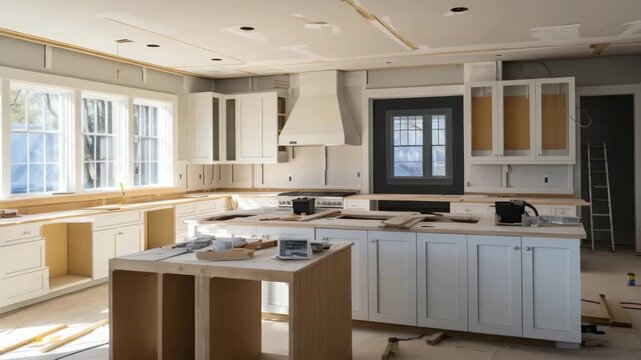 Kitchen renovation in progress showcasing cabinet installation and finishing touches during daylight hours