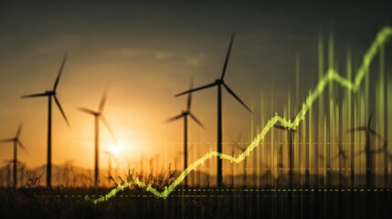 Wind Power Progress: Silhouette of wind turbines turning amidst a radiant sunrise, superimposed with a vibrant growth graph. Emphasizes sustainable energy and economic progress.