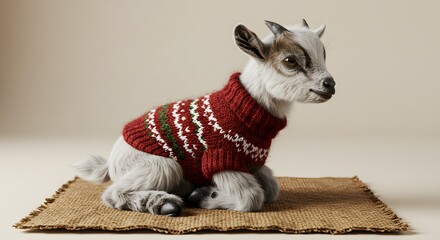 Adorable pygmy goat kid wearing a festive red knitted sweater, sitting on a burlap mat.