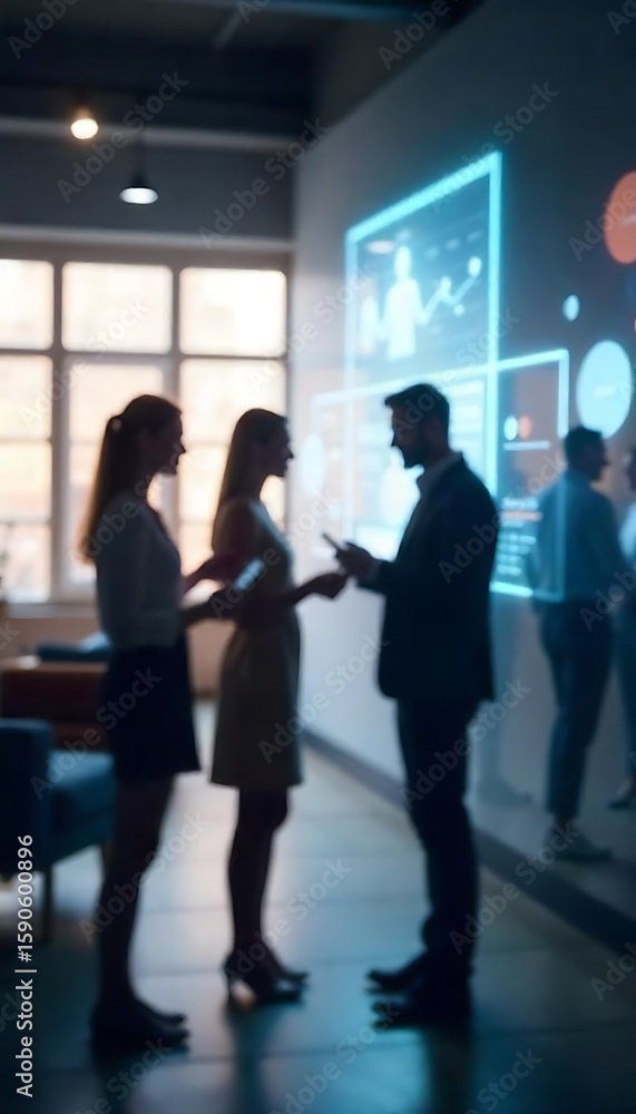 Poster generative ai image depicting a collaborative brainstorming session with technological displays in