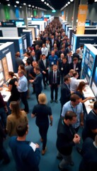 Obraz premium Generative AI image depicting a bustling convention hall crowded with attendees and displays