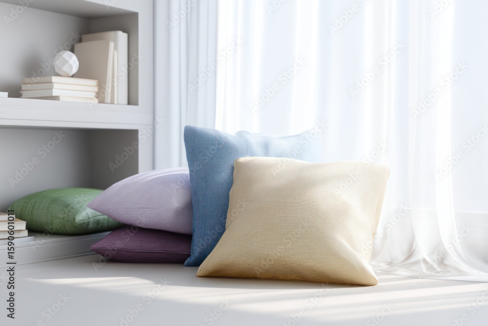 Poster stack of colorful pillows near a bright window with books and decor on a built in shelf unit