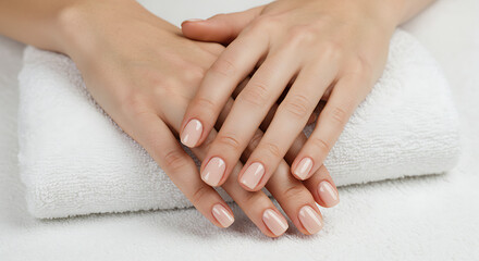 Naklejka premium Female hands with shiny nude nail polish, resting on a white spa towel