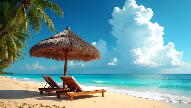A tropical beach with two wooden sun loungers under a large thatched umbrella on the golden sand. Calm blue ocean waves in the background. Amazing fluffy white clouds in a clear blue sky.