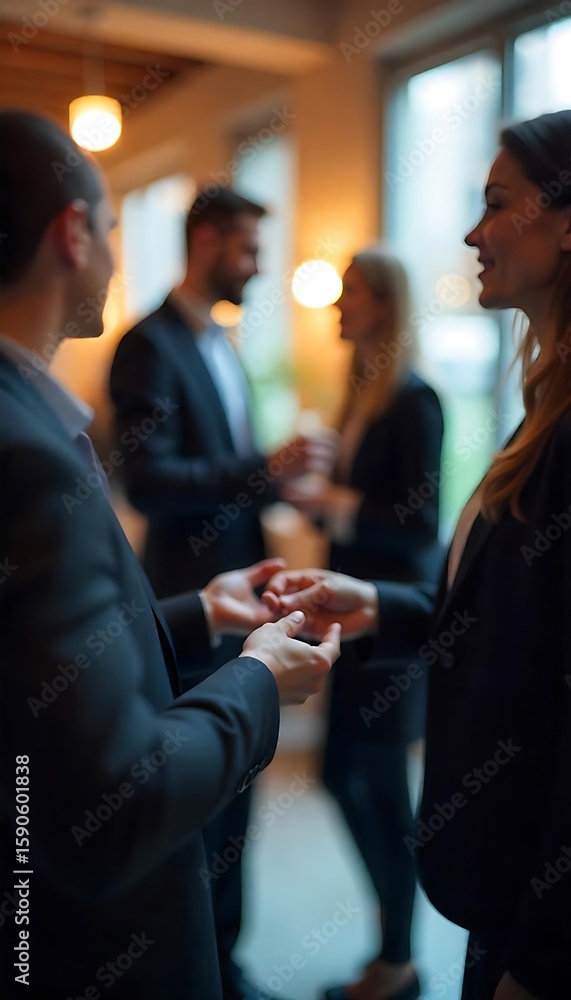 Poster generative ai image depicting networking and professional interactions in a modern office setting.