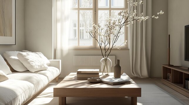 Modern Living Room Interior, Minimalist Design, Natural Light, Cozy Home Decor