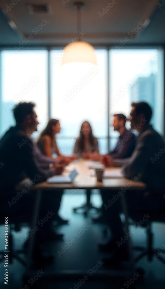 Poster generative ai image depicts a blurred office meeting, collaborative strategy session in progress