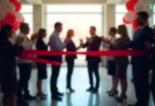 Generative AI image depicts a business opening event with people and red ribbon blurred