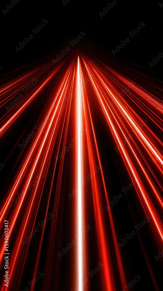 Poster bright red and white light trails converge in a dynamic, futuristic pattern against a black backgrou