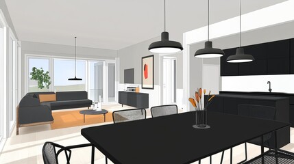 Modern Open-Concept Living & Dining Room Interior Design Sketch