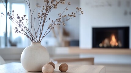 Cozy Minimalist Interior With Fireplace And Dried Flowers In Vase