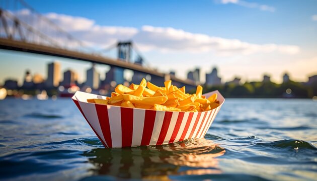 Crispy French fries in a red and white striped boat on water with city skyline