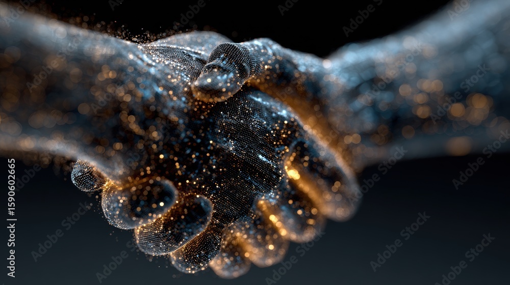 Aufkleber digital handshake: an artistic representation of a handshake, rendered with digital particles and a 