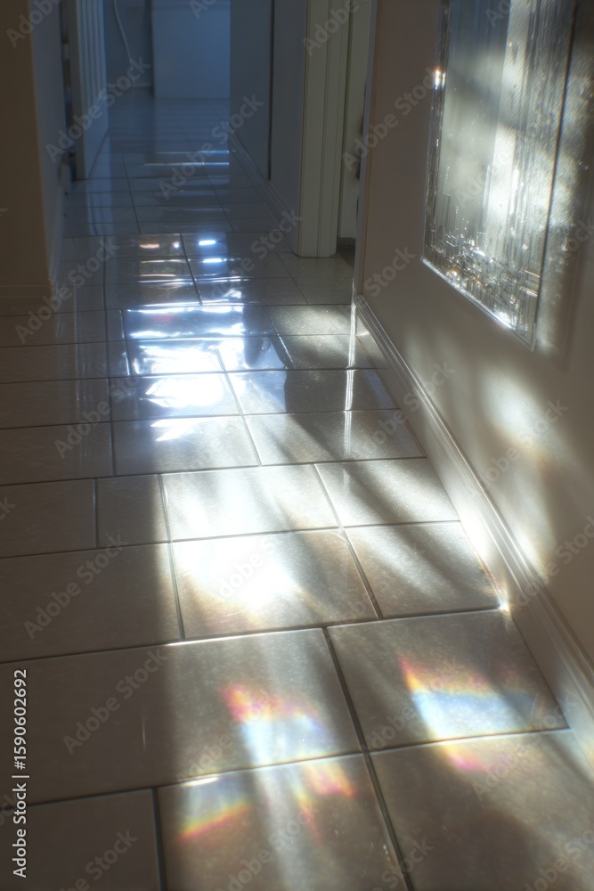 Poster sunlight streaming through a window illuminating a hallway with light reflecting off the tile floor
