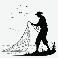 Fisherman casting a net during golden hour image silhouette design vector art and illustration