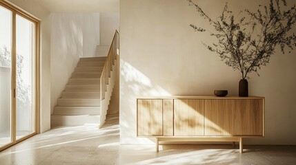 Minimalist Interior Design: Modern Staircase, Wooden Cabinet, And Vase In Soft Light